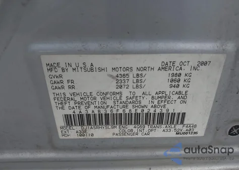 2008 Mitsubishi Galant Es z USA, uszkodzony, nr VIN 4A3AB36F68E024391